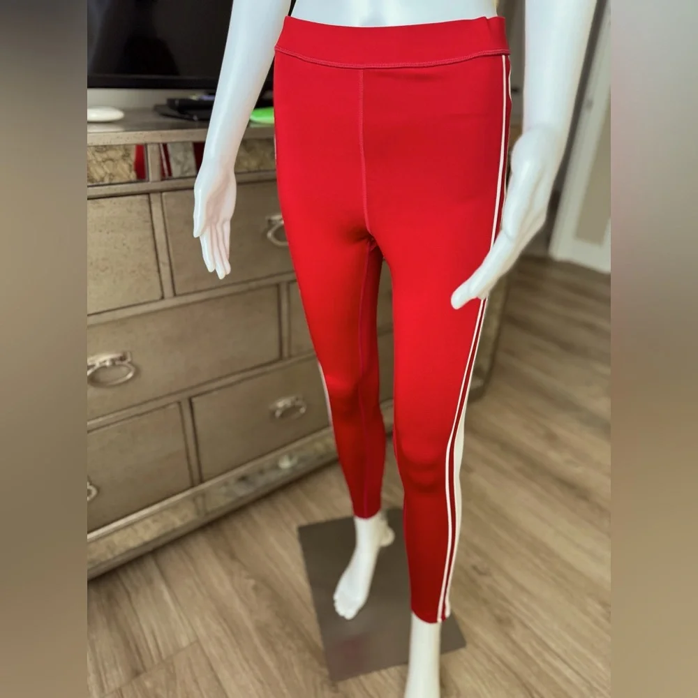 ALO Yoga Red Leggings with White Side Stripes